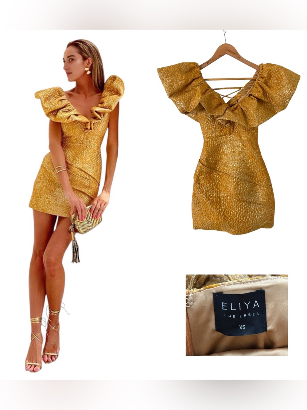 ELIYA Gold Ruffle V-Neck Mini Dress
